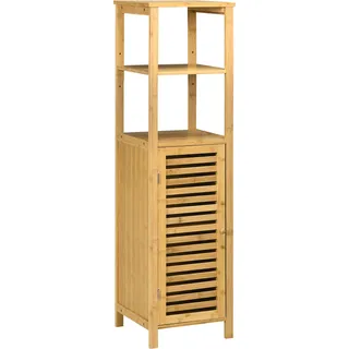 Fortuna Lai Badezimmerschrank höhevestellbar, Badschrank aus Bambus, Badezimmermöbel mit Schrank, zwei offene Ablagen, für Badezimmer, ca. 33 x 30 x 120 cm Naturholz