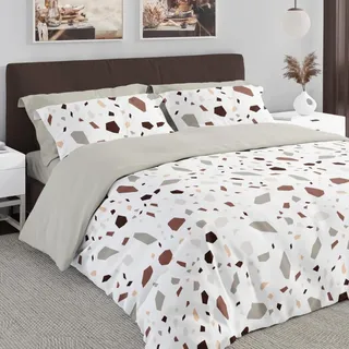 Bettwäsche 160x200 cm + 2x 70x80 cm 100% Baumwollsatin Bettgarnitur Bettbezug (Boho 001) - Weiß, Grau, Braun
