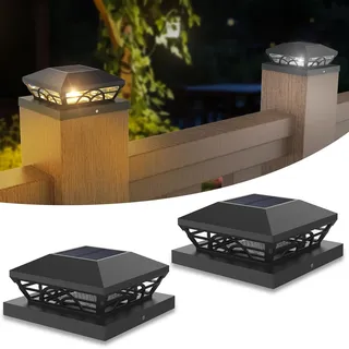 ILIKEPOW Solar Pfostenleuchte 9x9 10x10, 2 Modi Pfostenkappen Solar, IP65 Wasserdichte Solar Pfostenkappe für Holzpfosten, Terrasse, Zaun, Außen (Kaltweiß 6000K & Warmweiß 3000K, 2 Stück)