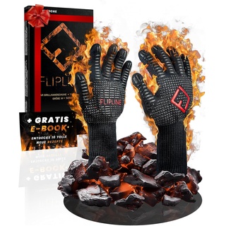 FLIPLINE® Grillhandschuhe Hitzebeständig - Premium feuerfeste Handschuhe, Ofenhandschuhe, Kochhandschuhe, Backhandschuhe für Küche & Grill - BBQ Handschuhe inkl. Rezepte E-Book (M)