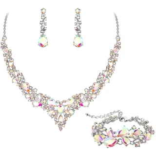 EVER FAITH Statement Halskette Ohrringe und Armband Set für Damen österreichische Kristall Tropfen Cluster Schmuckset Iridescent Klar AB