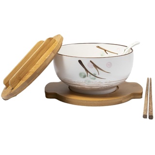 lachineuse - Große Ramen-Schüssel aus Porzellan - Suppe & Nudeln - Weiß ⌀ 16 cm - Japanischer Zen-Stil - Fassungsvermögen 1000 ml - Löffel, Essstäbchen & Halter - Japanisches Geschirr Deko Geschenk