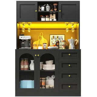 Flieks Küchenschrank 120x40x188Cm LED 4 Türen Landhausstil , Schwarz , Holzwerkstoff , 120x188x40 cm , Küchen, Küchenmöbel, Küchenschränke, Geräteumbauschränke