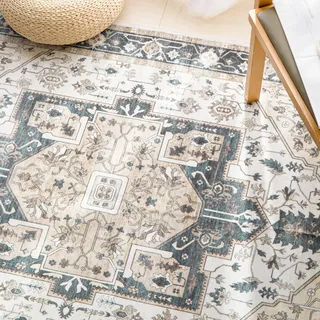 Carvapet Läufer Teppich 90x150cm rutschfest Lang Küchenteppich Waschbar Dünner Teppiche Gegend Vintage Medaillon Teppich für Wohnzimmer Schlafzimmer Küche(Salbei Blau)