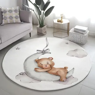 Xisnuient Runder Flauschiger Kinderteppich - Bär mit Rosa Stern Auf Gelbem Mond und Bunten Sternen - Weicher, Waschbarer & Rutschfester Teppich für Babyzimmer & Spielbereich, 120 cm, Color 2