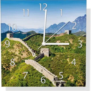Wallario Design Wanduhr Die Chinesische Mauer - Wahrzeichen in China im Sommer aus Aluverbund, Größe 30 x 30 cm - Blau