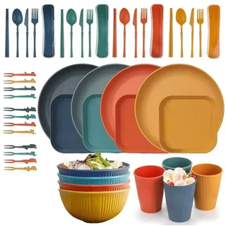 56 Teiliges Camping Geschirr Set für 4 Personen | Unzerbrechliches Plastikgeschirr mit Tellern, Schüsseln, Bechern & Besteck | Leicht, Bunt, Wiederverwendbar für Picknick, Grillen, Outdoor-Reisen