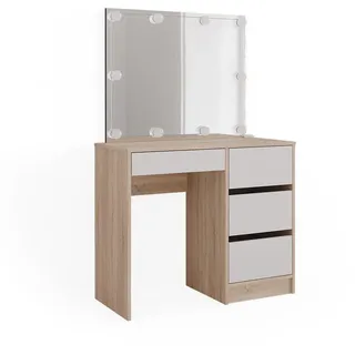 Vicco Schminktisch Sherry Sonoma 90 cm mit LED Beleuchtung , Sonoma Eiche, Weiß , Holzwerkstoff , 4 Fächer , 4 Schubladen , Rechteckig,Rechteckig , 90x75x40 cm , Schlafzimmer, Schminktische