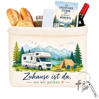 4 Stück Camper Geschenke Set, Brotkorb aus Stoff 37x25x12cm, Camping Geschenke für Männer Frauen, Wohnwagen Deko mit Schlüsselanhänger & Karte, Zuhause ist da wo wir parken