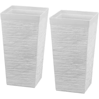 Set aus 2 hohen Pflanzkübeln, 580 mm große, konisch zulaufende Pflanzkübel für den Außen- und Innenbereich, moderne Kunststoff-Blumentöpfe mit Rollen für die Veranda, mit Inneneinsatz und Abflusslöchern für Terrasse und Garten, weiß