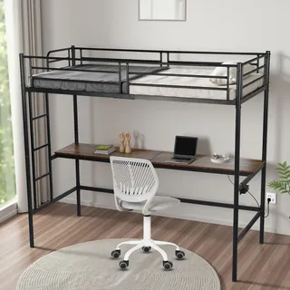 FurnitureR Hochbett 90x200 cm Metall mit Schreibtisch, Metall Bettrahmen mit Ladestation (2 AC Steckdosen 2 USB Ports), Treppe, ohne Matratze,Absturzsicherung & Lattenrost – Schwarz