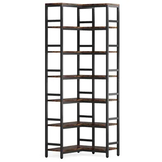 Eck-Bücherregal - Industrielles Etagere Standregal - 7 Ebenen, 200 cm hoch, 60x24 cm, Metallrahmen & Holzpaneele, Retro Stil - Schokoladenbraun - Braun