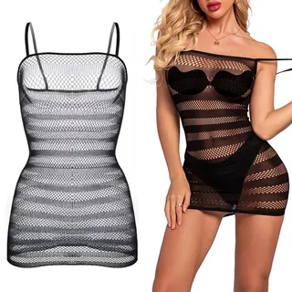 Sexy Damen-Dessous, transparentes Netzgewebe, Babydoll-Kleid aus Strickspitze, Nachthemd mit ärmellosem Rock, Body Unterwäsche mit elastischen Streifen,Einheitsgröße(Schwarz)