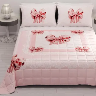 PETTI Artigiani Italiani - Sommer-Tagesdecke für Doppelbett, 260 x 270 cm, 100 g/m2, wendbar, für Doppelbett, Frühling, leichte Steppdecke, rosa Schleife, 100% Made in Italy