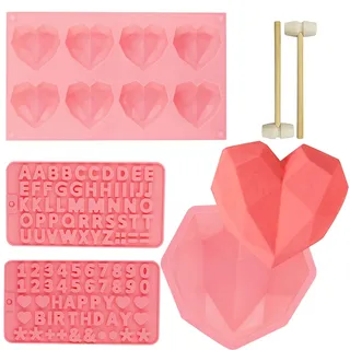 Herzform Kuchenform, 4 Stück 3D Silikon Kuchenform, Diamant Herzform, Silikonform Herzform, Schokolade Herz Gussform Mit Holz Schlegel Und Brief Form, für DIY Backmousse, Käsekuchen, EIS(Rosa)