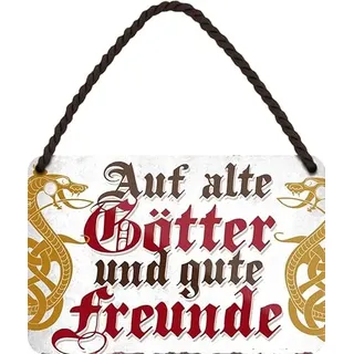 WOGEKA ART Blechschild - Auf ALTE GÖTTER und GUTE FREUNDE - Lustiger Spruch als Geschenkidee für WIKINGER FANS Geburtstag Weihnachten als Deko Schild 18x12 cm Metall Hängeschild HS1108