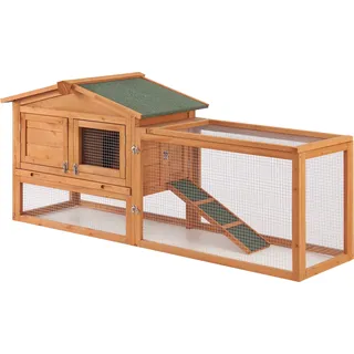 Kaninchenstall Oberursel 68 x 156 x 52 cm Kleintiergehege Hasenstall zweistöckig Freilauf mit Bitumendach Tannenholz
