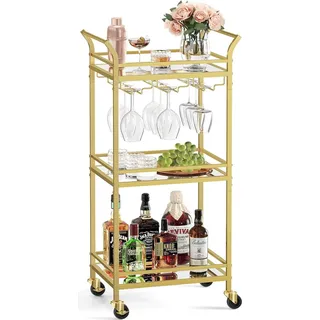 Vasagle Servierwagen, 3 Ebenen, Rollwagen, mit Rädern, Griffen, verspiegelten Glasablagen, für kleine Räume, Küche, Esszimmer, Bar, goldfarben - Gold