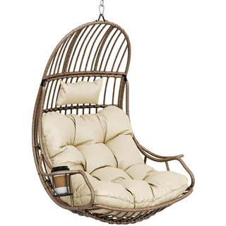 YITAHOME Hängesessel Eierschaukel 150 kg Belastbarkeit, Rattan Schaukelsessel mit Kissen & Getränkehalter, Hängekorbstuhl für Garten, Terrasse, Balkon, Wohnzimmer, Beige