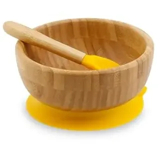 BIOZOYG Rundes Bambus-Schüssel-Set I Saugnapfschale mit Löffel – FSC-zertifiziert I Schüssel-Set für Kinder – Breischüssel für Babys & Müsli I Bambusgeschirr rund gelb