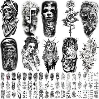 64 Temporäre Tätowierung für Männer oder Frauen, 10 große gefälschte Tattoos, die echt aussehen und 54 kleine schwarze Tattoos, 3D Temp Tattoo Armstulpen für Erwachsene