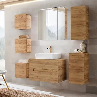 Badezimmermöbel Set mit 80 cm Waschtisch LUTON-56-CRAFT in Wotan Eiche Nb., B/H/T ca. 180/200/46 cm - Braun