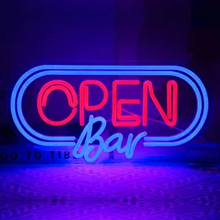 Bar Open Neon Schild Eröffnung LED Leuchtreklame Dimmer Öffnen Neonlicht Blau Rote Buchstaben Neon Sign Business Leuchtschild für Bar Pub Hotel Shop Club Man Cave Dekor Partyzeichen Wanddeko