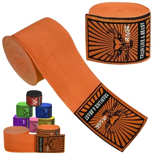 BEAST RAGE Boxbandagen für Herren, Schutz, MMA-Unterstützung, Innenhandschuhe, Kampfsport, Kampfsport, Muay Thai, unter den Handschuhen, 4,5 m, elastische Bandagen (Orange, 4.5 M)