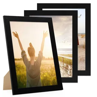 PHOTOLINI Bilderrahmen A4 Schwarz Holz MDF, breiter DIN A4 Bilderrahmen 3er Set 21x30, Rahmen 21x30 din a 4 mit Acrylglas, picture frame zum Aufhängen & Aufstellen, Bilder Rahmen 30x21 mit Zubehör