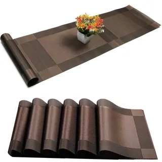 Abuzhen Tischsets mit Tischläufer-Sets Platzdeckchen, Gewebtes Kreuzgewebe Platzset Vinyl Küche Tischset, Waschbare PVC Tischsets für Esstisch, Partys, Thanksgiving, Weihnachten & Versammlungen (Braun)