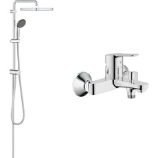 GROHE Vitalio Start 250 Cube Flex - Duschsystem (wassersparend), eckig, chrom & BauEdge - Badewannenarmatur (integriertes Rücklaufventil, automatische Umstellung für Badewanne und Dusche), chrom