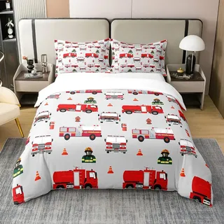 Loussiesd Kinder Feuerwehrmann Bettbezug Set Jungen Feuerwehr Feuerwehrmann Bettwäsche Set 135x200cm 100% Baumwolle Rotes Feuerwehrauto Fahrzeug Muster Betten Set für Kinder Schlafzimmer Dekor