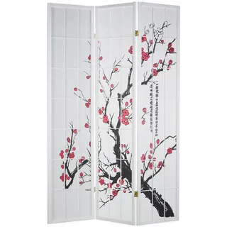 Homestyle4u Paravent 3-tlg. 132/175 cm Weiß Kirschmuster , Holz , 132x179x2 cm , Wohnzimmer, Raumteiler, Paravents