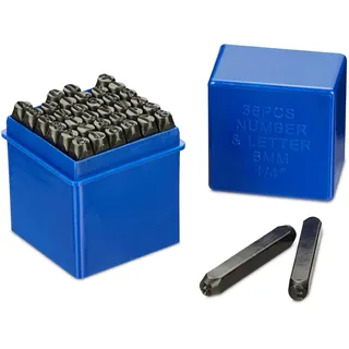 Relaxdays Schlagbuchstaben Set, 36-teilig, Schlagstempel 6 mm, Leder & Metall, Stanzwerkzeug A-Z und 0-9, Stahl, schwarz