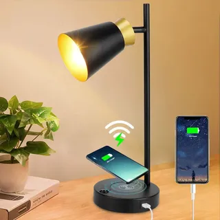 Depuley LED Tischlampe Schwarz mit Gold, Vintage Tischleuchte Drehbar, 10W QI Kabellosem Laden und USB-Anschluss Nachttischlampe, Wireless Charger Schreibtischlampe Retro für Büro Lern Lesen