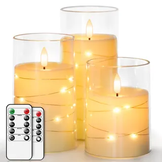 salipt LED Kerzen im Glas, Flammenlose Kerzen mit Beweglicher Flamme, Elektrische Kerzen mit Fernbedienung, 3er-Set Kerze mit Timer, Durchmesser 7.6 cm, Höhe 10.2 12.7 15.3 cm - Lichterkette Weiß