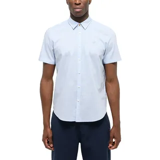 Kurzarmhemd MUSTANG "Herren Style Berkeley", Herren, Gr. L, US-Größen, blau 5282, Web, 55% Leinen, 45% Baumwolle, unifarben, regular fit, Hemden Kurzarmhemd