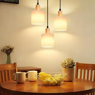 Glitzerlife Hängeleuchte Esstisch Pendelleuchte 3 Flammig - Hängelampe Vintage Weiß Stoffschirm Holz E14 Rund Pendellampe Esstischlampe für Esszimmer Restaurant Küche Arbeitszimmer