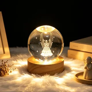 60mm Engel Glaskugel Deko, Kristallkugel Nachtlicht Geschenke für Frauen | Weihnachtsdeko 3D Crystal Ball Lampe Deko Briefbeschwerer mit Holzsockel&USB, Weihnachts Geschenk Zuhause Deko