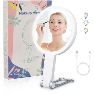 Kosmetikspiegel mit Beleuchtung 1-fach/10-fach Vergrößerungsspiegel mit Licht Doppelseitige Schminkspiegel Dimmbar LED Tischspiegel Reisespiegel Kosmetik Spiegel für Reise Geschenke für Frauen Weiß