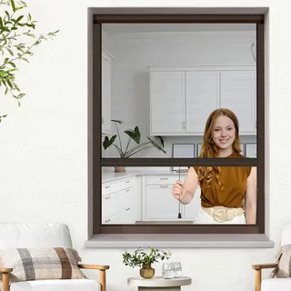 Jalousiescout Fliegengitter Insektenschutzrollo für Fenster, Fliegengitterrollo Insektenschutz mit Aluminium-Rahmen, robustes Fiberglas-Gewebe, dunkelbraun, B66xH100cm