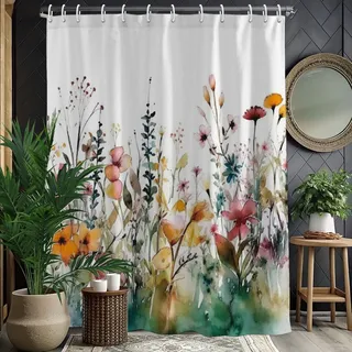 AUWUUA Bunter Duschvorhang mit Blumenmuster, 75 x 170 cm, Boho-Aquarell, Wildblumen, Pflanzen, Badezimmervorhänge, Moderne ästhetische wasserdichte Stoff-Duschvorhänge für Badewannen-Dekor