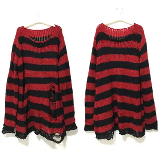 Neuer Punk-Gothic-Lang-Unisex-Pullover für den Sommer, für Damen, gestreift, cool, mit ausgehöhlten Löchern, gebrochener Pullover, lockerer Rock, dünn, dunkel, Streetwear-Oberteil, Rot, Einheitsgröße