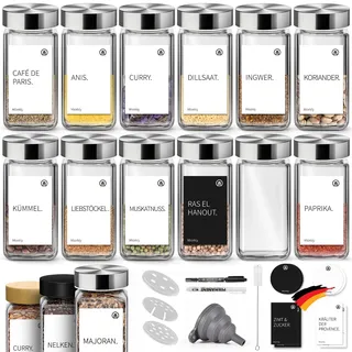 Miorkly Gewürzgläser Eckig Mit Streueinsatz - 12 Stück 120ml Gewürzdosen Mit Edelstahl Deckel, Streuer-Aufsätze, Trichter, Etiketten & Kreidestift