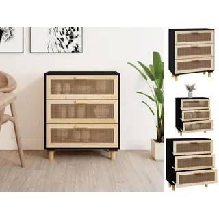 vidaXL Sideboard Schwarz 60x30x70cm Massivholz Kiefer und Natur-Rattan