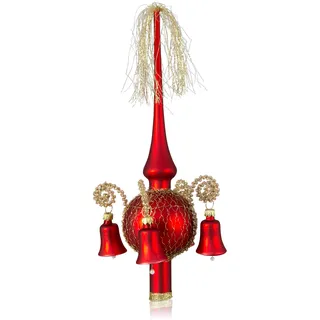 Lauschaer Glas Weihnachtsbaumspitze mit Glöckchen rot matt, umsponnen L ca. 28cm d(Kugel) 7cm Christbaumschmuckspitze mundgeblasen,handdekoriert,Leonischer Draht