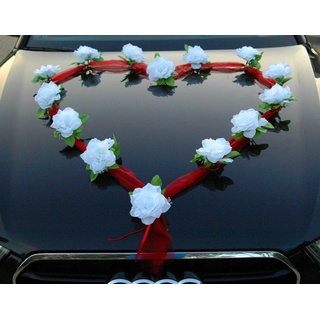 Autoschmuck Organza Herz Auto Schmuck Braut Paar Rose Deko Dekoration Hochzeit Car Auto Wedding Deko Girlande PKW (Reinweiß/Rot)