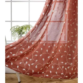 MIUCO halbtransparente Vorhänge mit Blumen-Stickerei, Kunstleinen, Ösenvorhang für Kinderzimmer, 132 x 213,4 cm, 2 Paneele, Rost