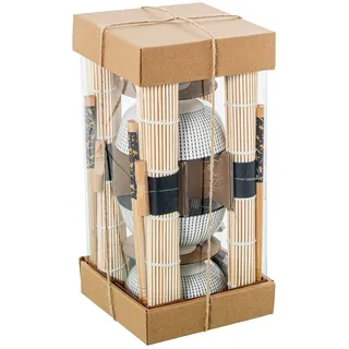 DRW Sushi-Set mit 4 Schüsseln mit Essstäbchen und Untersetzer aus Porzellan und Holz in Weiß, Blau und Natur, 12 x 12 x 6 cm