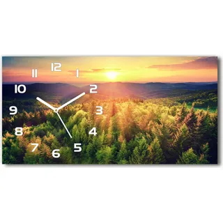Wanduhr aus Glas – 60x30 cm - Glasbild - Glasuhr - Gehärtetes Glas - weisse-zeiger - Wald Sonnenuntergang